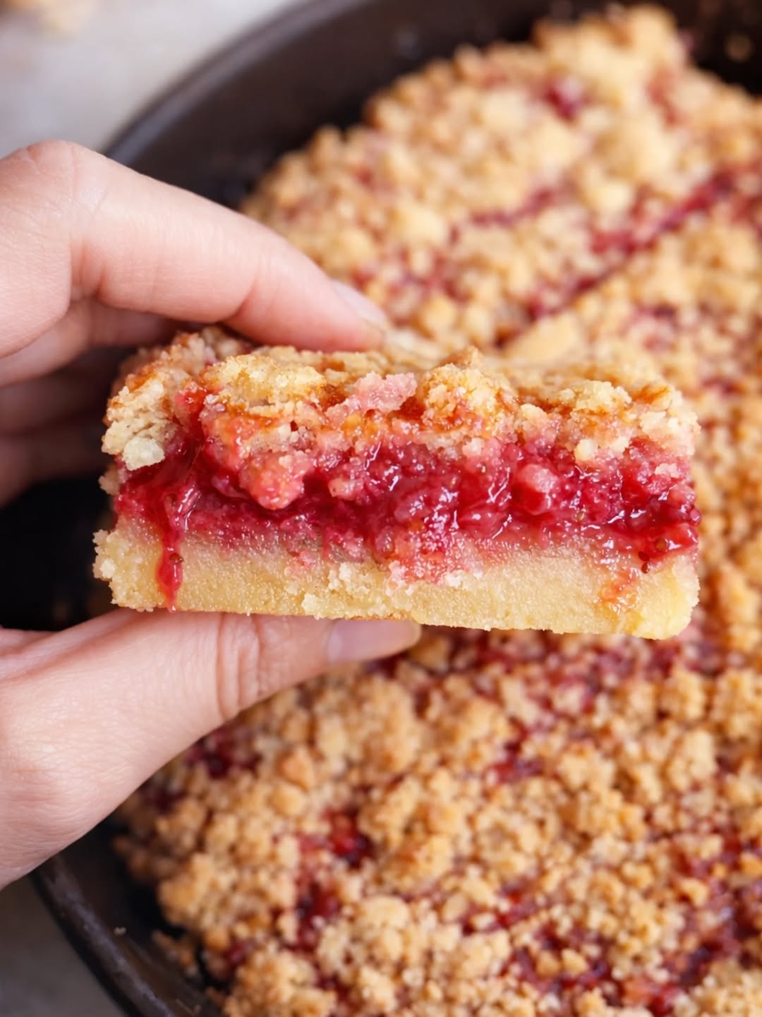 Crumble fraise rhubarbe, fond sablé doré